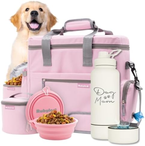 Rubyloo Dog Travel Bag (Lt. Pink) & Dog Mom Water Bottle (Cream) Bundle