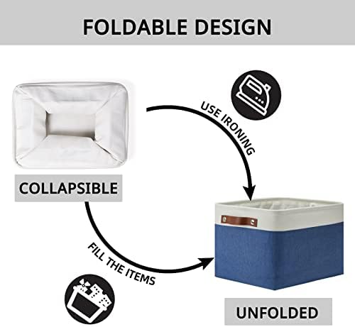 DULLEMELO Fabric Storage Basket for Closets,15x11x9.5 inch Foldable Storage Basket Bin with Handles for Office, Closet,Bedroom (White&Blue,1 Pack)