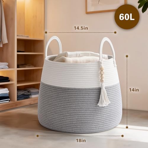 Large Nursery Hamper, 60L Blanket Basket with Handle, Baby Laundry Basket for Gift, Toy, Clothes, Woven Storage Basket with Wooden Bead Decor, Baby Hamper for Nursery (Grey)