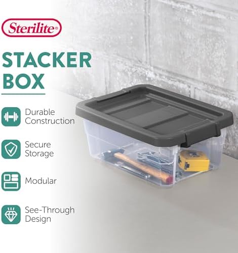 Sterilite Modular Stacker Box with Latching Lid, 16 Quart, 24-Pack | Clear Plastic Storage Bins - Stackable Organizing Container Boxes for Closet, Bathroom, and Office