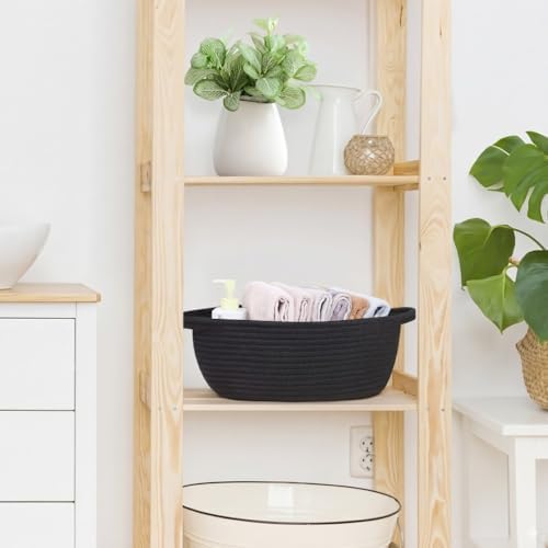 Gift Basket Empty with Handles, 12x8x5 inch - Small Woven Rope Basket for Man, Techer, Boys, Kids Toys, Bathroom - With Gift Bag & Ribbon, Perfect for Wedding, Birthday Gifting (Black, 1PC)