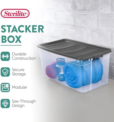Sterilite 6-Pack Modular Stacker Box, Durable Clear Plastic Storage Bins with Latching Lids, 200 Quart - Stackable Organizing Container Boxes for Closet, Bathroom, and Office
