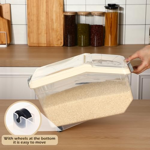 Sunnyray 4 Pcs Rice Storage Containers Bulk Flour Sugar Container Wheels Measuring Cups Set Airtight Pet Dog Cat Birds Food Bin Grain Cereal Organizer Box for Dry Baking(Beige,22 lb)