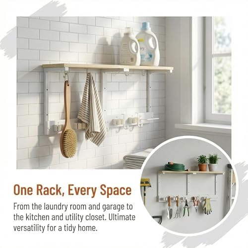 Upgraded Broom Holder Wall Mount with Shelf, Mop and Broom Organizer Wall Hanging, Cleaning Supplies Organizer with 5 Grippers, 4 Hooks and Vacuum Holder for Laundry Room, Garage, Kitchen