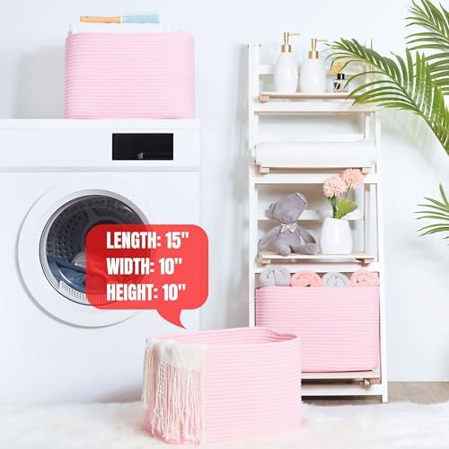 MINTWOOD Design 3-Pack Decorative Woven Storage Baskets for Shelves, Cube Bin Box for Organizing Books, Shoes, Dog Toys, Pantry Closet and Living Room Organizer, Soft Pink