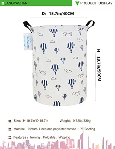 Round Laundry Basket Collapsible Storage Hamper Blue Balloon | Waterproof Canvas Foldable Baskets with sturdy Handles Multi-scene Organizer for Home Play Bedroom Gift Bin