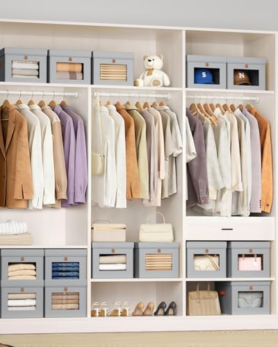 Homsorout Storage Bins with Lid – Closet Organizer with Side Opening and Clear Window, Foldable Stackable Fabric Basket for Clothes, Home, Office - 13.77" x 11.8" x 9.8", 6 Pack, Grey