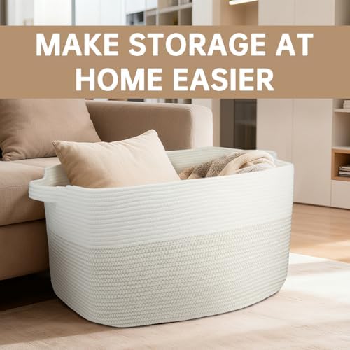 75L Large Basket 22" x 17" x 12",Large Blanket Basket with Handle,woven Cotton Rope baskets for storage,Storage Basket for Organizing,Blanket Basket living Room