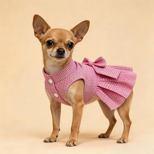 Classic Plaid Dog Dress with Bow Tie for Small Dogs Cats Girls, Cute Puppy Dresses Clothes with Bowknot Chihuahua French Bulldog Pet Apparel Outfits (Strawberry Pink, Small)