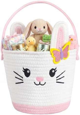 Small Woven Storage Basket with Handle, Cute Bunny Baskets for Gift Empty, Cotton Rope Storage Basket for Toy Organizer