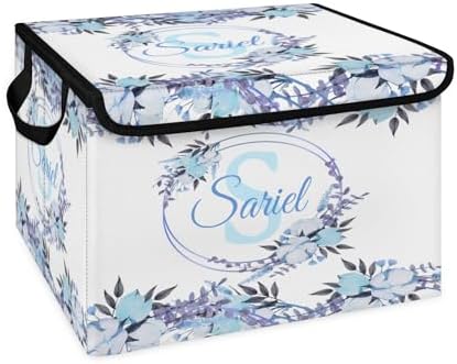 Blue Flower Storage Bin with Lid Personalized Storage Baskets for Organizing Foldable Closet Organizers with Handles,Cute Basket for Boys Girls for Clothes Blanket Pet Dog Toy Basket Storage (1 Pack)