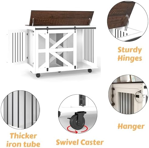 47.2 Inch Mobile Dog Crate with Flip-Top Feeding Door Dual-Access Entry 5 Caster Wheels 2 Locking Side Hooks Removable Divider Multi-Functional Pet Kennel Furniture for Large Dog or Two Small Dogs