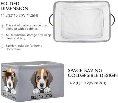Customized Pet's Name Storage Basket Dog Storage Box with Leather Handles for Home Bedroom, Beagle Puppy Foldable Decorative Organizers Box, 2PCs