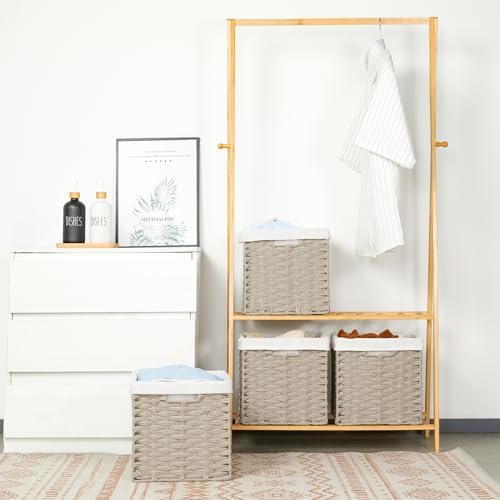 Bidtakay Wicker Storage Baskets for Organizing 4-Pack Hand-Woven Imitation Wicker Cube Storage Bins with Liners for Shelves Closet Cabinet 11x11 Waterproof Cube Organizer for Pantry-Greyish Beige