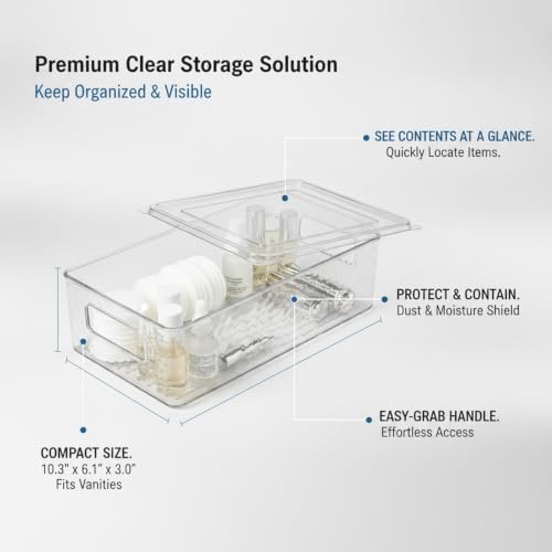 Clear PET Storage Box with Handle & Lid, 10.3 x 6.1 x 3.0 Inch Transparent Organizer for Bathroom Vanity, Desktop, or Shelf (1 Pack)