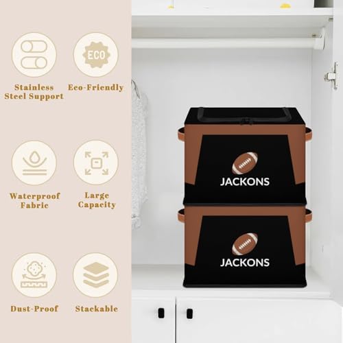 Custom Storage Basket with Zipper Lid, Football American Ball Foldable Fabric Storage Boxes Decorative Closet Shelves Clothes Organizer Container Cubes with Handle 1PCS