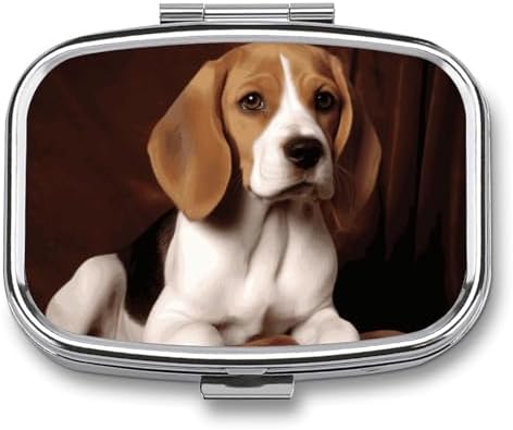 Metal Pill Box with Mirror - 2 Compartment Travel Pill Case for Purse Portable Pillbox Compact Vitamin Container Ovely Pet Dog Beagle Medicine Organizer for Fish Oil & Supplement