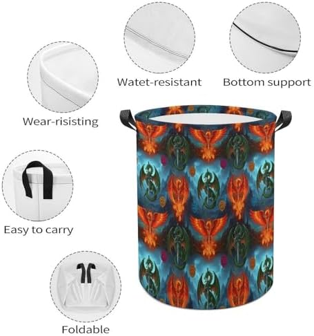 Foldable Laundry Basket with Handles Flame Dragon Phoenix Western Myth, Waterproof Storage Hamper for Clothes, Toys, and Towels in Bedroom and Bathroom