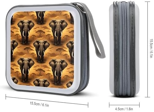 40-Disc CD/DVD Organizer Wallet African Elephant, Heavy-Duty Hard Plastic Binder, Portable Storage Case with Carry Strap for Car
