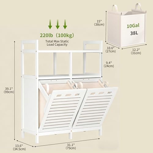 VASMIA Tilt Out Laundry Hamper Cabinet, Bamboo Double Laundry Hamper with 2 Removable Laundry Baskets, 20 Gal Laundry Sorter Organizer with Shelf for Dirty Clothes, Bathroom, Laundry Room, White