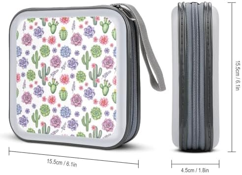 40-Disc CD/DVD Protective Case Floral Flowers Succulent Cactus, Hard Plastic Binder with Zipper, Portable Storage Organizer for Travel Office