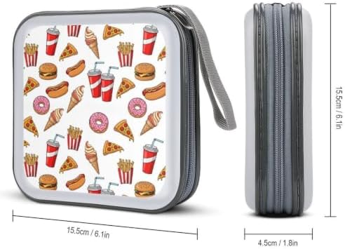 CD DVD Case Holder Hamburgers Pizza Disc Wallet Storage Case 40 Capacity | DVD Organizer, Hamburgers French Fries Pizza Fast Food, Hand Strap Zipper Closure, Home Car Office Accessories