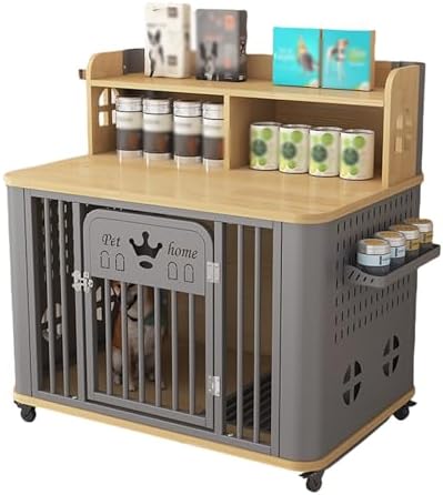 Portable Dog Crate with Side Storage for Cans, Bottom Dog Toilet, Universal Wheels, Ideal for Small & Medium Dogs, Grey & White, Pet Travel Carrier