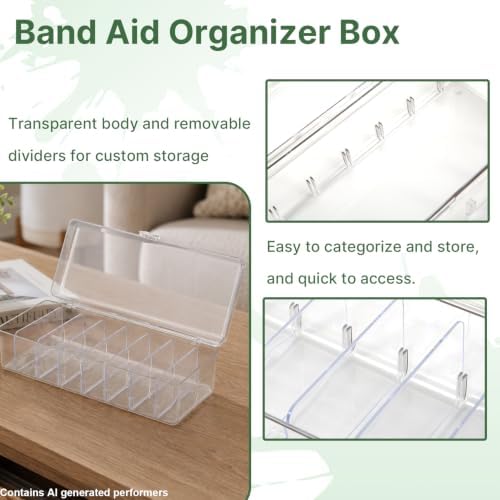 Bandaid Organizer Container, Band Aid Organizer Box, Bandaid Storage Organizer, Bandage Organizer with Lid, Travel Bandaid Case for Elastic Bandage Wrap, Cotton Swabs(Transparent)