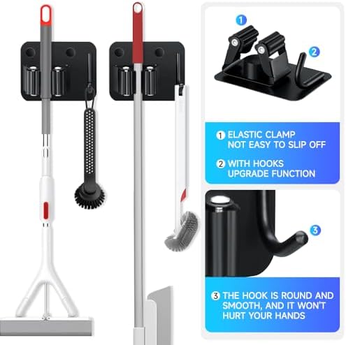 JAMEND CLXP 2-Pack Broom Holder with Heavy Duty Hooks, Upgraded Stainless Steel Mop Hanger. Wall Mount Utility Tool Rack for Kitchen Garden Laundry Garage. Matte Black.