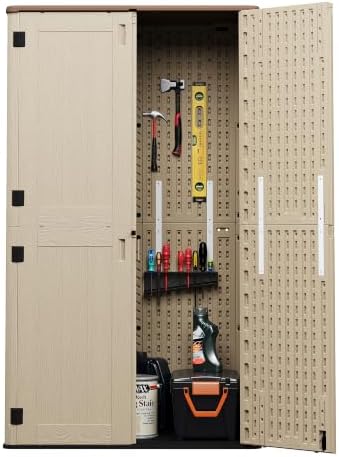Tall Vertical Storage Cabinet with Floor & Lockable Double Doors, 61 Cuft Weather-Resistant Thickened Outdoor Resin Storage Shed for Patio, Garden and Garage, Khaki