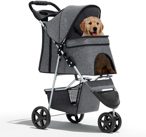 Foldable 3-Wheel Pet Stroller for Small/Medium Dogs & Cats, Grey | Storage Basket & Cup Holder, Breathable Mesh Cover, Lightweight and Durable, for Small to Medium Pets, up to 33 lbs