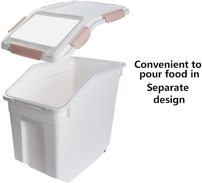 Airtight Flour Storage Container 25 lb Rice Storage Container with Wheels Seal Locking Lid, Food Containers with Measuring Cup& Scoop for Flour, Rice, Grain(Pink)