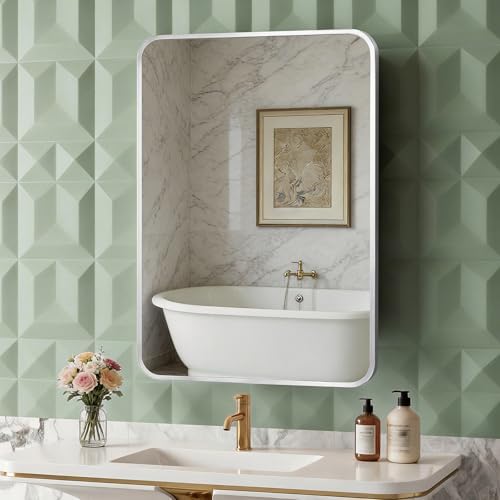 ACEMIRO 20x28 Inch Recessed Medicine Cabinet with Mirror Metal Framed Surface Wall Mounted Bathroom Mirror Medicine Cabinet with Storage Brushed Silver