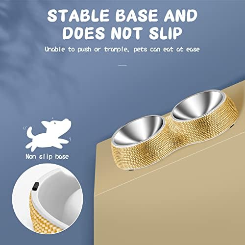 eing Dog Bowls Double Dog Water and Food Bowls Stainless Steel Bowls with Non-Slip Resin Station and Bling Rhinestones, Pet Feeder Bowls for Puppy Medium Dogs Cats Puppy Pets,Gold