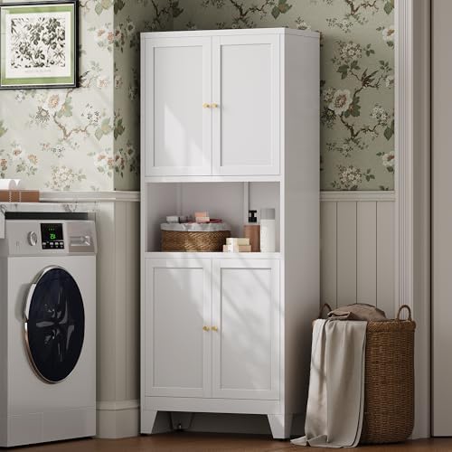 69"H Metal Storage Cabinet with Doors and Shelves,Tall White Cabinets,Bathroom Storage Cabinet,Large Cabinets with Glass Doors and Adjustable Shelves,Cabinet for Bathroom, Living Room, Dining Room