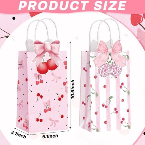 16 Pcs Pink Cherry Bow Party Favor Bags Kraft Paper Goodie Bags with Handle 3D Bow Double-sided Printing Treat Bag for Birthday Baby Shower Wedding Bridal Shower Summer Fruit Themed Party