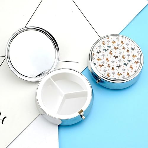 Round 3 Compartment Pill Case Cute Doodle Pets Dog Print, Compact Travel Pill Organizer for Purse Fish Oil Supplements