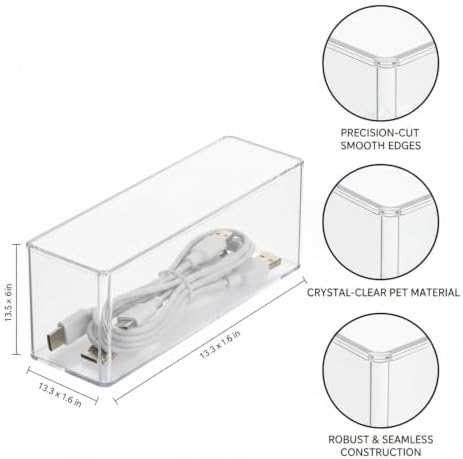 Stackable PET Storage Box, Rigid Clear Organizer for Cables & Small Items, Durable Transparent Container, 13 x 3.3 x 1.6 Inches