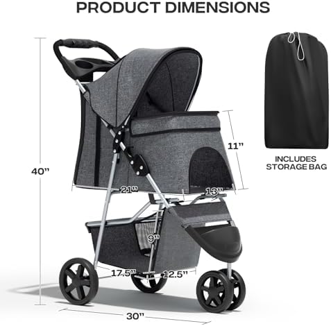 Foldable 3-Wheel Pet Stroller for Small/Medium Dogs & Cats, Grey | Storage Basket & Cup Holder, Breathable Mesh Cover, Lightweight and Durable, for Small to Medium Pets, up to 33 lbs
