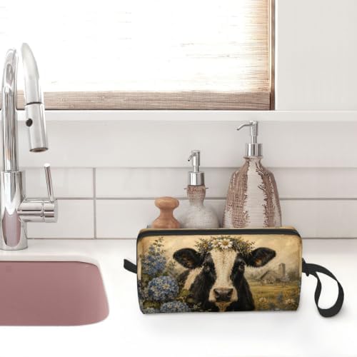 Black and White Cow with Hydrangeas Small Makeup Bag for Women | Double-Sided Farm Cow Hydrangea Cosmetic Organizer with Foam Padding for Women, Travel, Gym, School, and Daily Storage
