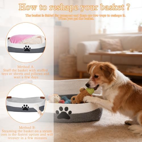Woven Dog Toy Basket Large 100% Cotton Rope Basket for Dog Cats Toys Dog Toys Box for Living Room Area-Trapezoid Dog Toys Bin-Nursery Gift for Pet Toys,Collar,Leash,Blanket,Clothes-Grey