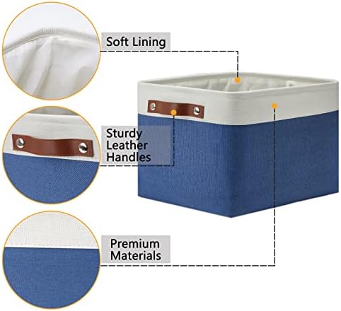 DULLEMELO Fabric Storage Basket for Closets,15x11x9.5 inch Foldable Storage Basket Bin with Handles for Office, Closet,Bedroom (White&Blue,1 Pack)