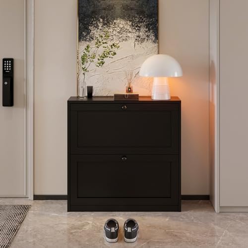 VOWNER Shoe Cabinet with 2 Flip Drawers, Freestanding Shoe Storage Cabinet with Adjustable Shelf & Anti-Tipping Device, Shoe Rack for Entryway, Hallway, Living Room (Black)