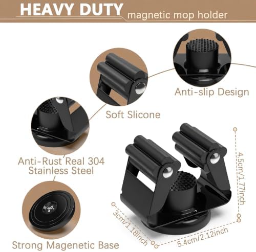 3-H 4 Pack Magnetic Broom Holder with 4 Pack Mini Magnetic Hooks,Black | Stainless Steel No Drill Mop Holder, Movable Magnet Tool Organizer for Garage Laundry Kitchen Garden RV