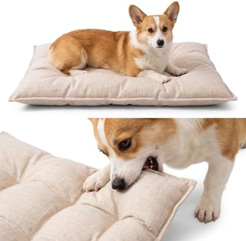 Chew Proof Dog Bed for Crate, Indestructible Durable Kennel Mat with Reinforced Corners, Large Washable Chew Resistant Pet Pad for Small Chewers (Beige, 29"×23")