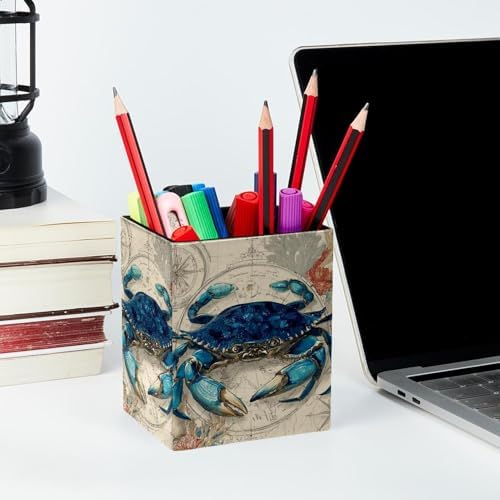 Map and Crab Pen Holder for Desk Decor, Rectangular PVC Leather Pencil Cup for Desk Pen Organizer, Makeup Brush Holder for School, Home, Office