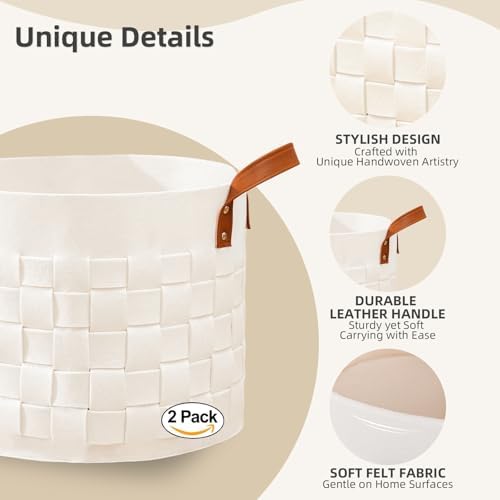 BOLDMONKEY Blankets Basket 15" x15 " x13 " 2 Pack, Round Laundry Hamper with Leather Handle, Soft Dog Toy Basket for Storage-Beige