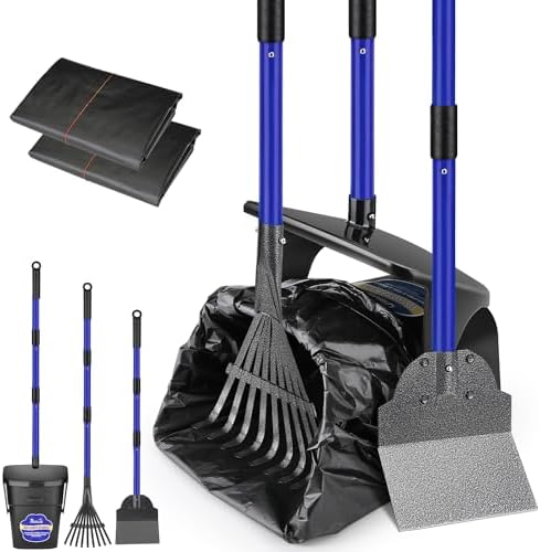 SlowTon Dog Pooper Scooper, 37.4" Long Handle Poop Scoop for Large Dogs | Adjustable, Portable, Non Breakable, with 20 Waste Bags, Swivel Extra Large Bin & Rake & Spade Kit, for Gravel Lawn Grass