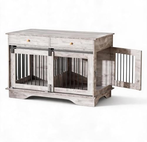 Litake 47in Large Wooden Dog Crate Furniture End Table for 2 Dogs | Indoor Dog Kennel with Removable Divider,, 2 Storage Drawers, Rustic Dog Cage for Living Room,Bedroom
