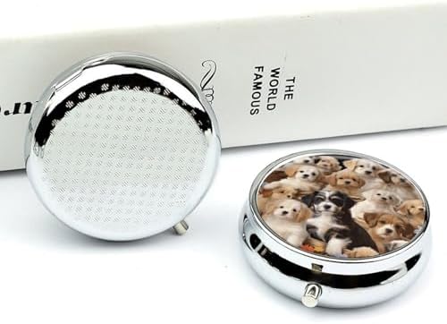 Cute Pet Dogs Pill Box 3 Compartment Metal Round Pill Case Travel Pill Organizer Small Portable Medicine Vitamin Container for Purse and Pocket to Hold Vitamins Supplements